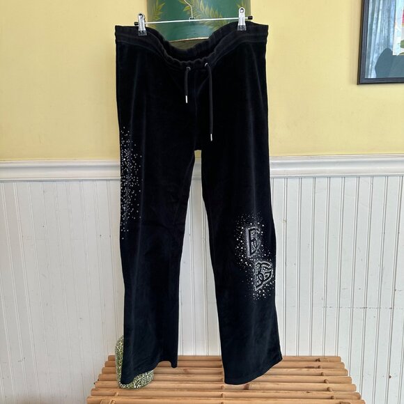 Bebe Women P XL Black Velour Pants With Rhinestone Embellishments & Drawstring - Picture 1 of 10